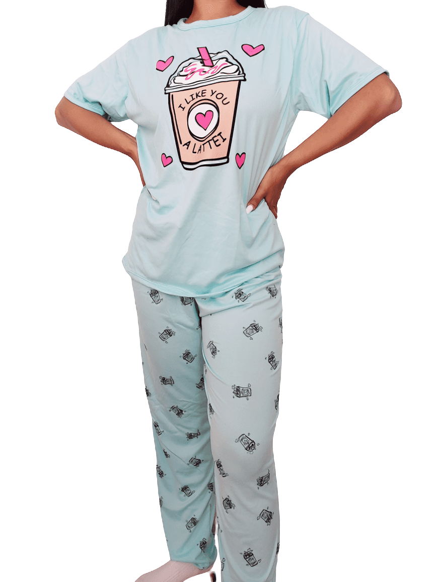 Pijama de Dama de Corta y Pantalon Modelo Latte Menta Extra Grande - Cute