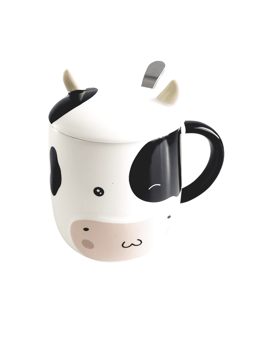 Taza De Cerámica Vaca Mu Kawaii Con Tapa Y Cuchara Acero Inoxidable Ojos  Cerrados - Cute Shop