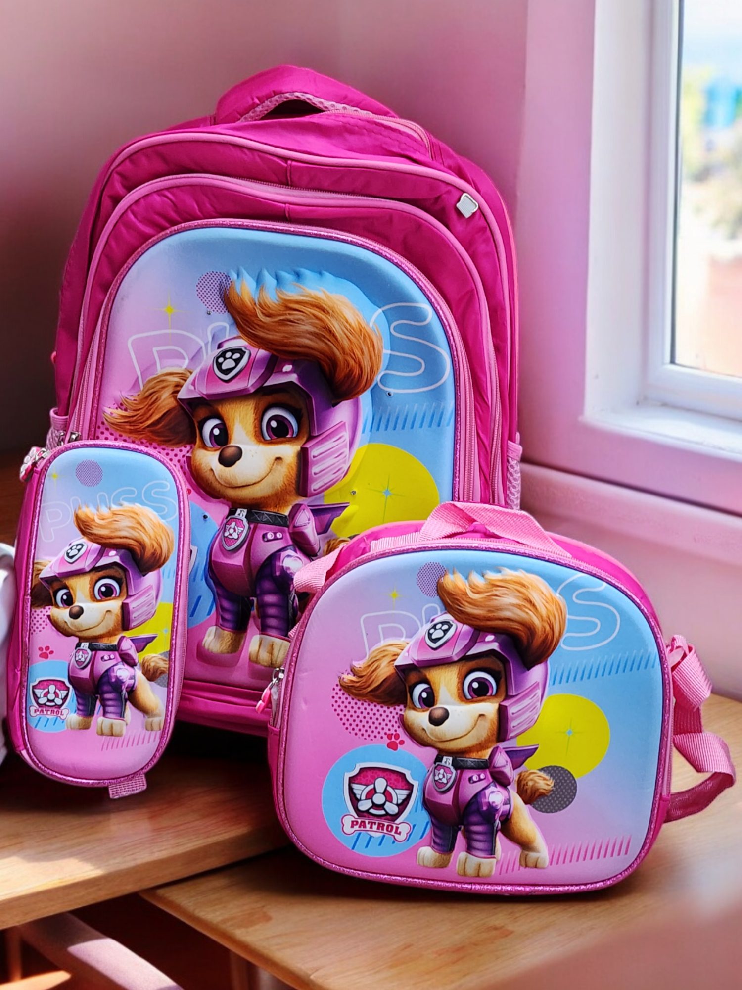 Trio de Mochila con LUZ Lonchera y Lapicera 3D Paw Patrol